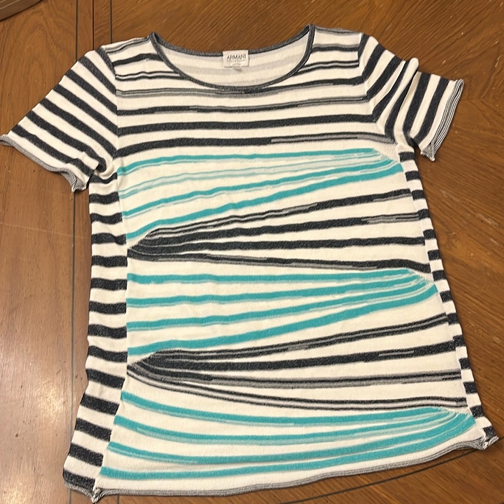 Armani Collezioni White Aqua Navy Blue Striped Knit Short Sleeve Knit Top size 4